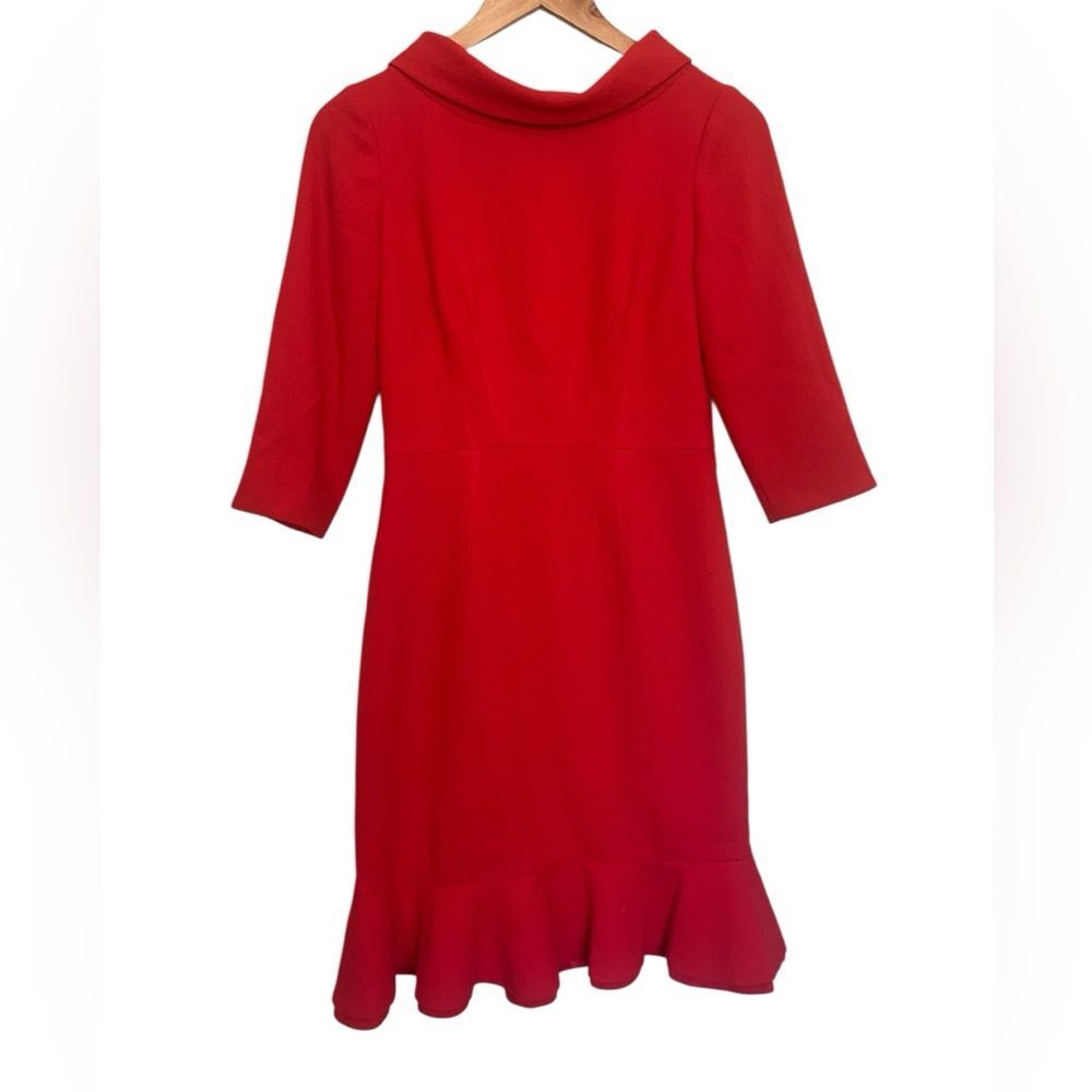 Rickie Freeman Teri Jon Wool Red Cowl Neck Old Money Ruffle Dress Office Formal